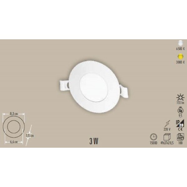 Led Panel 3W 3000K 155Lmn Sıva Altı Q 6,6/8,3Cm