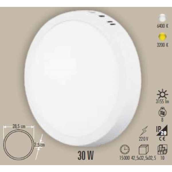 Led Panel 30W 6400K 3155 Lümen Yuvarlak Sıva Üstü