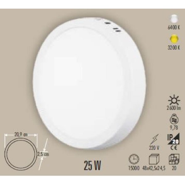 Led Panel 24-25W 6400K 2600 Lümen Yuvarlak Sıva Üstü