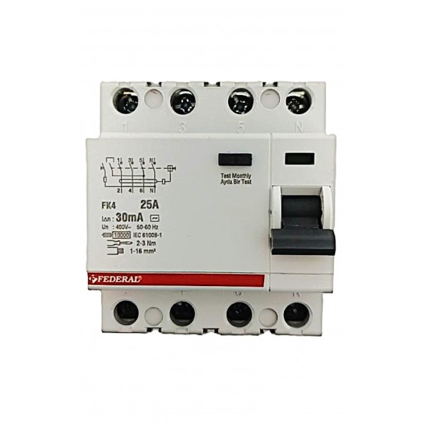 4x25A 30mA 10kA Kaçak Akım Rölesi FK4E Federal