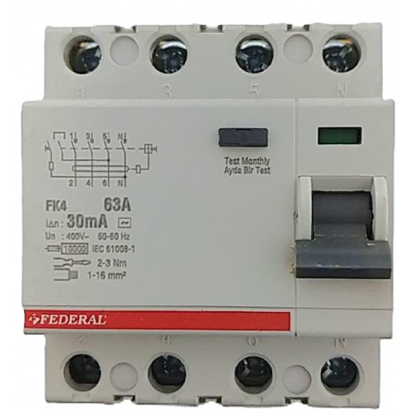 4x63A 30mA 10kA Kaçak Akım Rölesi FK4E Federal