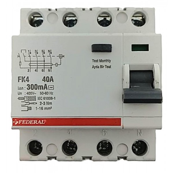 4x40A 300mA 10kA Kaçak Akım Rölesi Fk4e Federal 