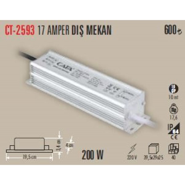 Led Trafosu 220V/12V 17A 200W Ip67