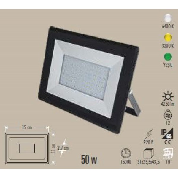 Led Projektör 50W Slim 6400K 2550Lmn